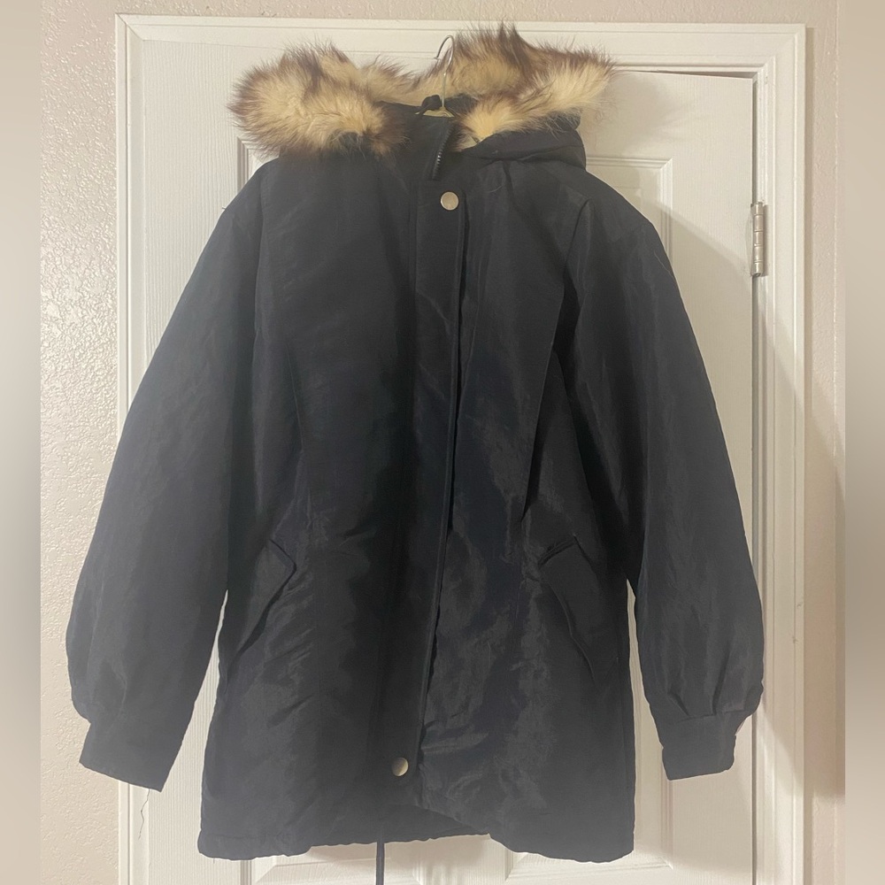 Vintage Women’s Black Insulated Parka with Genuine Fox Tail Hood Y2K Size M